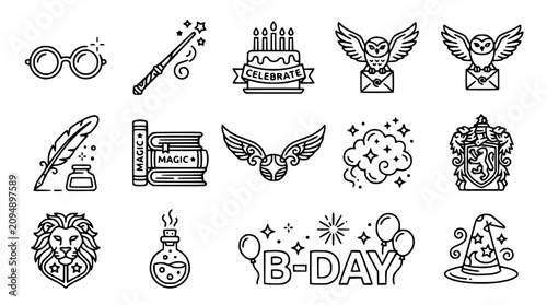 фотографія Magical Fantasy Icons: Wizardry, Spells, Birthday, Celebration, School - Vector