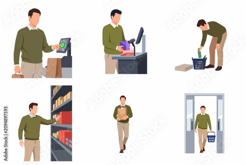 Set of vector illustrations of a man grocery shopping, using self-checkout, browsing shelves, and carrying bags in a retail environment