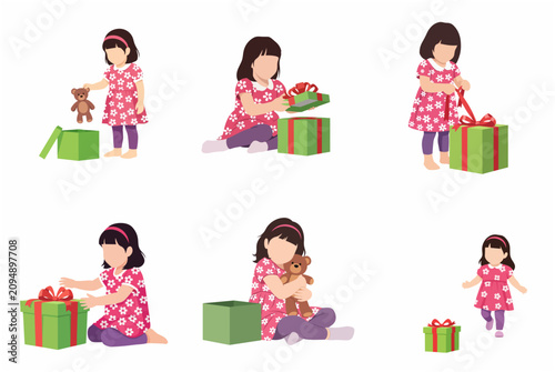 Flat vector illustration set of a little girl opening a gift box and receiving a teddy bear for her birthday or holiday surprise.
