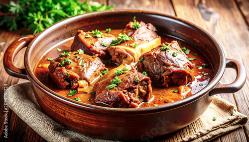 Oven braised beef shanks with gravy in a roasting pot, closeup. AI