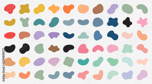 Abstract organic blob shapes collection, colorful liquid amoeba elements set, 60 minimalist fluid vector icons for modern graphic design