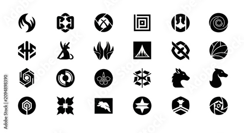 Foto Collection of 20 unique black and white logos on plain background with grid dist