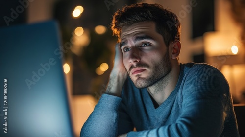Professional looking worn out during a video conference in a remote work setting. generative ai