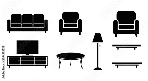 Black silhouettes of living room furniture on white background with furniture including sofa armchairs stand coffee coffee table lamp tv stand