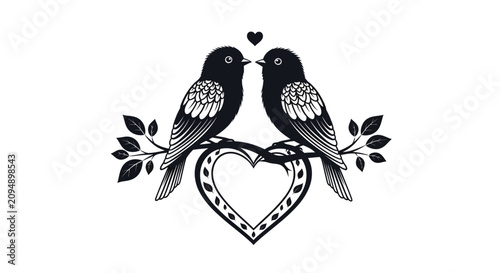 Black and white illustration of two birds on a heart shaped branch with birds sitting branch leaves valentine romance graphic symbol animal with design