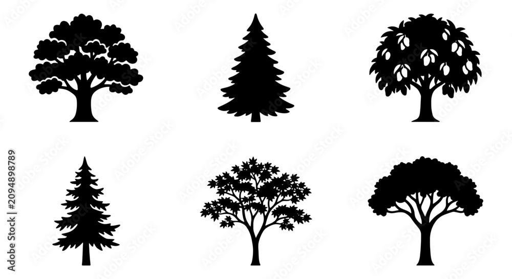 Fototapeta premium Diverse Tree Silhouettes Collection, Six Vector Icons for Nature and Landscape Design, Black and White Botanical Elements