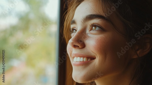 young person smiling while looking out the window; natural light, generative ai