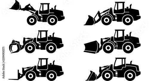 Картината върху платно Set of 6 Black Silhouette Loader Trucks, Construction Equipment Icons, Heavy Mac