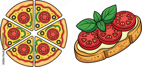 Foto Italian food vector illustration set with sliced margherita pizza and tomato bru