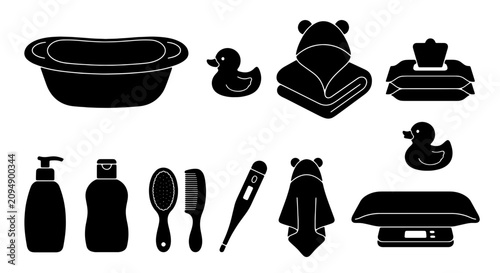 Obraz na płótnie Baby Bath Time Essentials Collection, Infant Care Icons, Newborn Hygiene Kit, Ru
