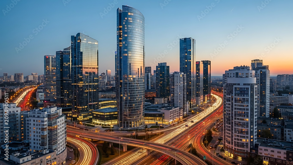 Fototapeta premium Modern city skyline at dusk with illuminated highways and traffic flow