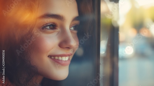 young person smiling while looking out the window; natural light, generative ai