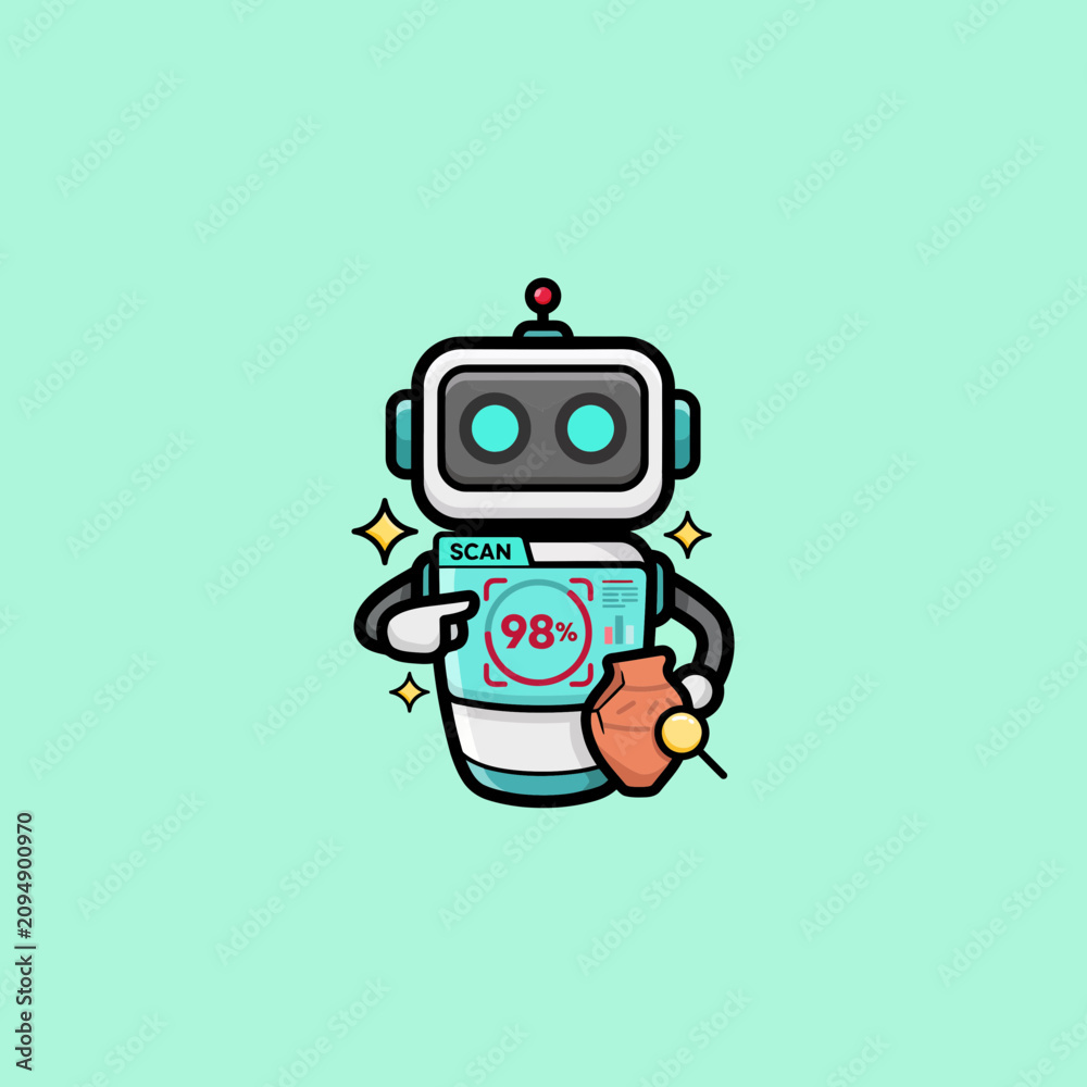 Naklejka premium Friendly robot scanning an ancient clay vessel with a digital interface showing ninety eight percent completion, focusing on automated heritage preservation