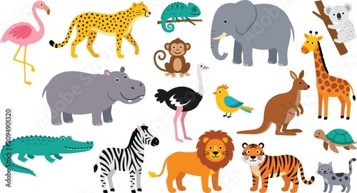 Photography Cute Jungle and Wild Safari Animals Cartoon Vector Set with Lion Elephant Cheeta