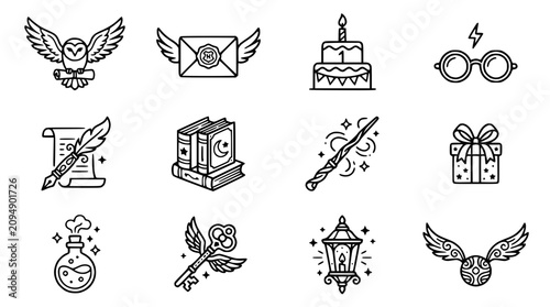 Quadro su tela Magic Symbols Icons Set: Owl, Glasses, Wand, Potion, Key, Books, Gift, Lantern,