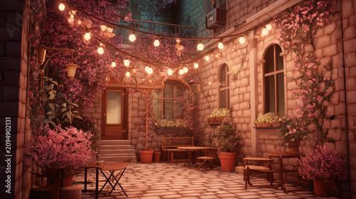 Inner Courtyard at Twilight with Soft Fairy Lights and Seating