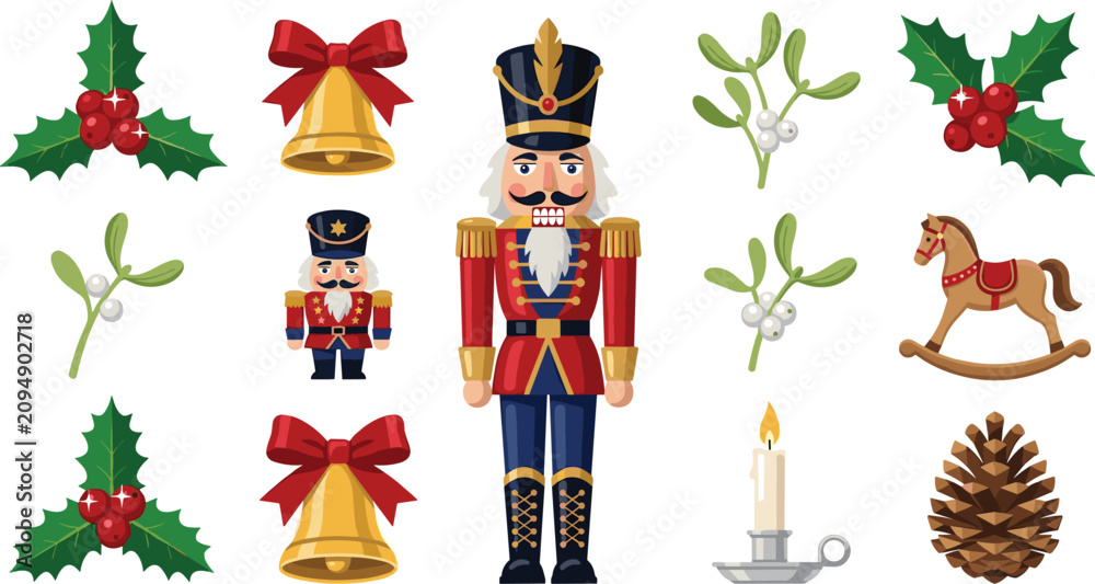 Fototapeta premium Christmas Holiday Icon Collection with Nutcracker Soldier, Holly Leaves, Mistletoe, Golden Bells, Rocking Horse, Pinecone, and Festive Vector Set