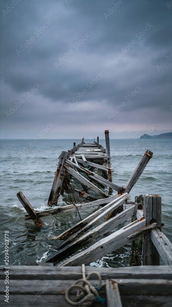 Fototapeta premium Damaged Wooden Pier Extending Into Rough Ocean Under Cloudy Sky