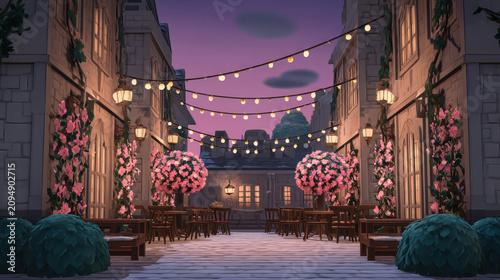 Flowering Plants and Fairy Lights in Evening Inner Courtyard