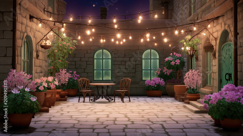 Cozy Seating in Twilight Inner Courtyard with Fairy Lights