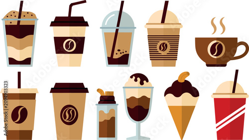 Cuadro en lienzo Coffee shop drinks and cold beverage vector icons set with iced coffee latte esp
