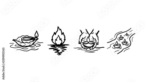 Cuadro en lienzo Small flames on water and drifting objects in rough line doodle