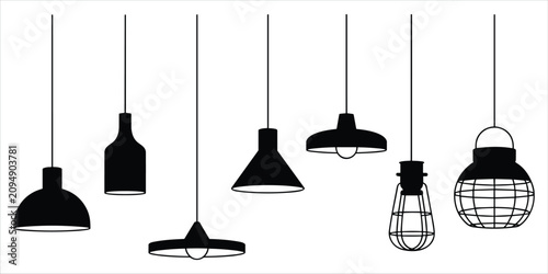 Tableau sur toile Assortment of black hanging pendant light fixture silhouettes on a white backgro
