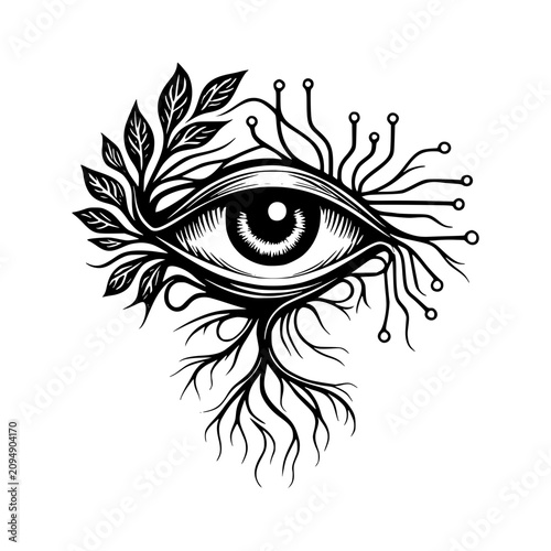 Nature Meets Technology Eye: An intricate illustration merges an all-seeing eye with elements of nature and technology, symbolizing foresight, growth, and innovation.