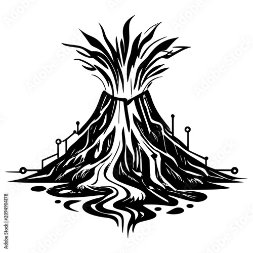 Volcanic eruption on a digital landscape: An abstract illustration depicts a stylized volcano erupting with streams of lava flowing down its sides.