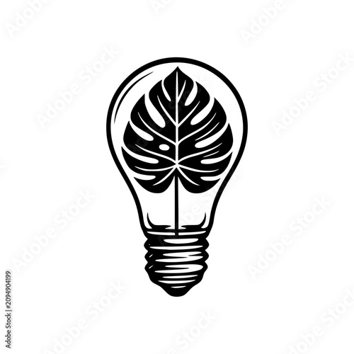 Leaf in a Lightbulb: A conceptual illustration blending nature and innovation, featuring a lush monstera leaf growing inside a clear lightbulb.