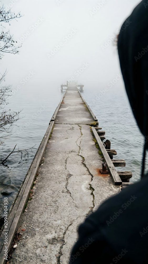 Fototapeta premium Lonely Dock Extending into Misty Water with Overcast Sky and Bare Tree Branches
