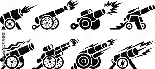Cuadro en lienzo Antique military cannon silhouette vector collection