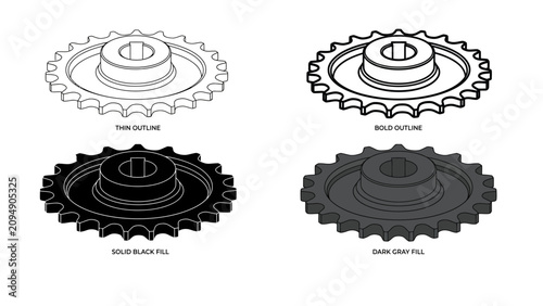 Photos Set of four mechanical sprocket gear icons in different styles with sprocket