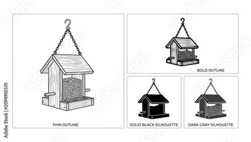 Foto Bird house hanging feeder illustrations in outline and silhouette styles