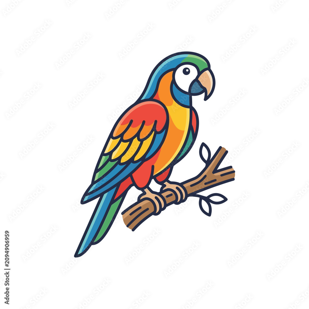 Fototapeta premium Stylized tropical macaw parrot sitting on a wooden branch.