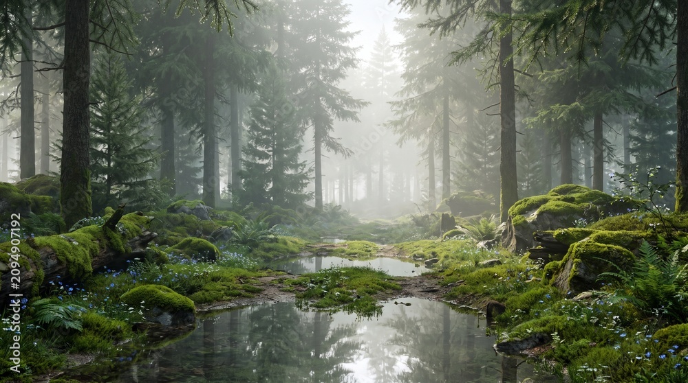Obraz premium Lush green pine forest landscape featuring a reflective pond with soft morning light and mist