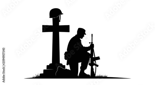 Photos Silhouette of soldier kneeling by grave holding rifle with black silhouette knee