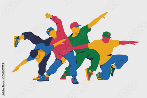 Cuadro en lienzo Group of young people dancing hip hop, breakdance, street dance in colorful clot