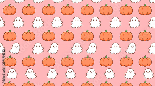 Halloween pattern with cute cartoon pumpkins and ghosts on pink background for decoration and design