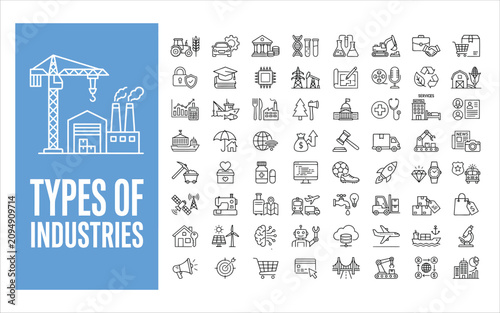 Types of industries, business sectors, and manufacturing line icon set