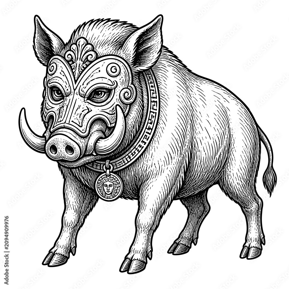 Fototapeta premium Intricate ornamental pig illustration in pen drawing.
