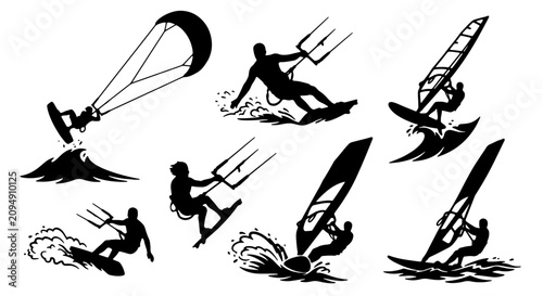 Foto Kitesurfing and Windsurfing Silhouettes, Extreme Water Sports Action Vector Set,