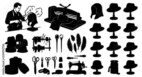 Obraz na plátně Millinery Craftsmanship Set: Hat Making Tools, Materials, and Finished Styles, V