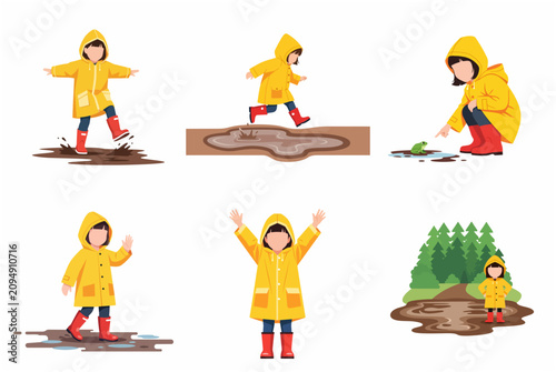Foto Little girl in yellow raincoat and red boots playing in rain puddles character v