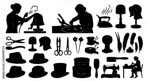 Fotografie Millinery and Hat Making Tools, Silhouettes of Haberdashery Supplies, Vintage Se