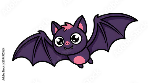 Cute flying purple bat cartoon character with pink wings vector illustration