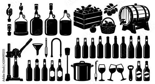 Schilderij op canvas Home Brewing Equipment Vector Icons Set, Wine Making Tools Collection, Fermentat