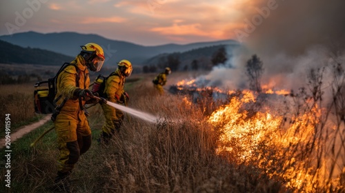 Firefighters battle flames at sunset