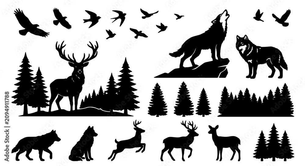 Obraz premium Wilderness Wildlife Silhouette Collection: Majestic Deer, Howling Wolves, Soaring Birds, and Forest Trees Vector Elements for Nature Designs