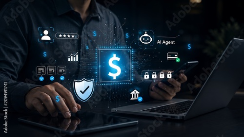 AI Agent for Secure Digital Payments, Fintech Automation, Financial Services Dashboard, Smart Banking, Payment Processing and Cybersecurity Technology Concept
